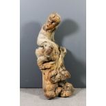 A modern African driftwood carving of an abstract figure, the head with open mouth, 49ins high