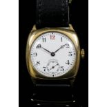 A gentleman's 9ct gold Longines cushion faced wristwatch, the white enamelled dial with Arabic