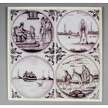 Four 18th Century English Delft manganese tiles with biblical subjects, each 5ins square, mounted on