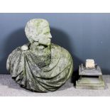 A composition stone bust of a Roman on square socle, 29ins high overall