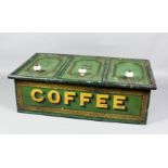 A late 19th/early 20th Century American green japanned and gilt decorated shop three division coffee