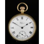 A gentleman's 9ct gold Waltham keyless open face pocket watch, the white enamelled dial with Roman