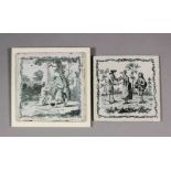 An 18th Century English Sadler & Green black transfer printed Delft tile with couple in a