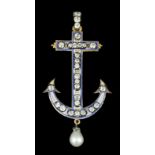 A late Victorian gold coloured metal blue enamel diamond and pearl set anchor pattern pendant, the