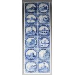 Twelve 18th Century English blue and white tiles painted with various subjects within "Louis XV"