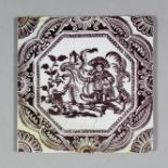 An 18th Century English Sadler & Green Delft tile with manganese wood block printed design of a