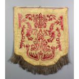 A 16th Century Spanish embroidered banner worked in gold thread and red velvet, backed with yellow