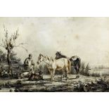 W.V. (19th Century British School) - Watercolour - Figure by a stream with two horses, goat and