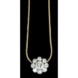 A modern gold coloured metal mounted all diamond set flowerhead pattern pendant, the central