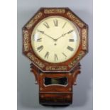 An early Victorian rosewood and brass inlaid drop dial wall clock, the 12ins diameter painted