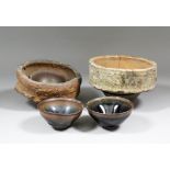 Two Chinese Temoko glazed pottery bowls, the dark part glazed bowls with brown striated rims, 4.5ins