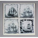Four 18th Century English Sadler & Green tiles printed in black with ships, each 5ins square, one