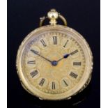 A late 19th Century lady's 18K gold open faced pocket watch, the gilt dial with floral and foliate