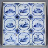 A rare set of nine 18th Century English blue and white Delft tiles painted with sheep and goats,