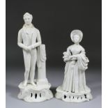 A 19th Century Minton biscuit porcelain figure of the young Queen Victoria in a bonnet and holding a