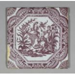 An 18th Century English Sadler & Green Delft tile with lilac coloured wood block printed design of a