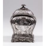 A good early George III silver rectangular tea caddy and cover of bombe outline, the whole boldly