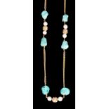 A modern 9ct gold mounted turquoise and cultured pearl set necklace, the fine double chain necklet