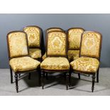 A Harlequin set of six Victorian mahogany dining chairs with moulded arched backs, the seats and