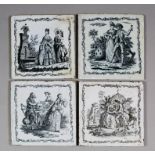 Four 18th Century English Sadler & Green black transfer printed Delft tiles, including - "The