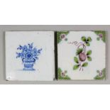 An 18th Century English blue and white Delft tile with a flower vase, and a manganese and green tile