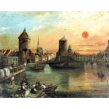 17th Century Flemish School - Oil painting - Study of a town at sunset with canal and figures to