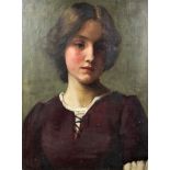 20th Century Continental School - Shoulder length portrait of a young woman wearing a scarlet dress,