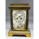 A late 19th Century French lacquered brass and porcelain dialled mantel clock by S. Marti & Cie, No.