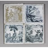 Four 18th Century English Sadler & Green transfer printed Delft tiles, each with figures in