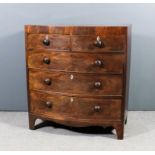 A late Georgian mahogany bow-front chest with square edge to top, fitted two short and three long