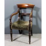 A late Georgian mahogany dining chair, with plain curved crest rail, moulded splat and reeded