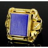 A modern German gentleman's gold coloured metal lapis set "Poison" ring, the face set with an oblong