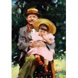 ***Dianne E. Flynn (born 1939) - Oil painting - "Grandpa's Knee", board 7ins x 5ins, in gilt frame
