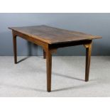 A 19th Century elm rectangular kitchen table with three plank top, on square tapered legs, 71ins