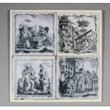 Four 18th Century English Sadler & Green Delft tiles transfer printed in black with various subjects