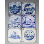 Six 18th Century Dutch blue and white Delft tiles with figural subjects, each 5ins square, various