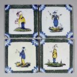 A set of four 18th Century English Delft polychrome tiles painted with Chinese figures within a "