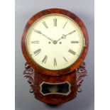 An early Victorian mahogany cased drop dial wall clock, the 12ins diameter painted metal dial with