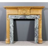 A 20th Century stripped pine fire surround with moulded dentil cornice, the central rectangular