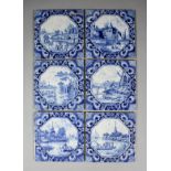 Six 18th Century Dutch Delft landscape tiles with Louis XIV borders, each 5.125ins square (