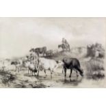 Thomas Sidney Cooper (1803-1902) - Lithograph - Study of cattle and sheep at a watering hole,