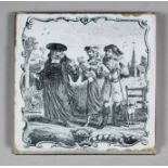 An 18th Century English Sadler & Green Delft tile transfer printed in black with "The Tithe Pig",