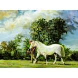 *** Phillip Sanders (born 1938) - Oil painting - "End of Day" - Figure leading a grey horse, panel