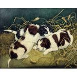 19th Century British School - Watercolour - Puppies amongst straw, 10.5ins x 13.25ins, in gilt