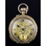 A late 19th Century lady's 18ct gold cased open faced pocket watch, the gilt dial with floral and