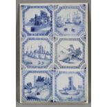 Six 18th Century English blue and white Delft tiles with landscapes and figures, each 5ins square,