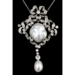 An Edwardian Belle Epoque gold and silvery coloured metal mounted diamond and pearl set pendant, the