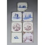 Seven 17th/18th Century Dutch Delft blue and white and manganese tiles with mixed subjects, each