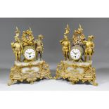 Two late 19th Century French gilt spelter and alabaster mantel timepieces each with 3ins diameter