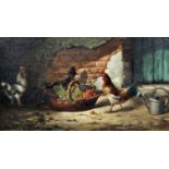 Flemish School (19th Century) - Oil painting - Farmyard scene with chicken by a basket of fruit
